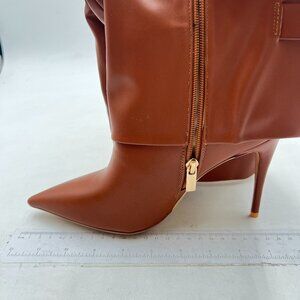 Knee High Boots Women Fold Over Boots Pointed Toe Stiletto Heel Brown